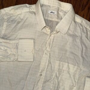 Brioni Long Sleeve Button Up Men's 18 2XL Yellow Windowpane Made In Italy Pocket